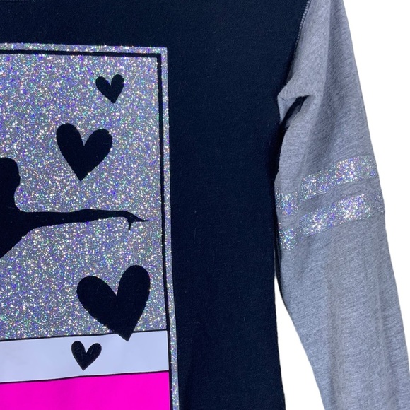 Dance Tee Shirt Long Sleeve Round Neck Glittery Ballerina Black Pink Girls 14 - Picture 9 of 15